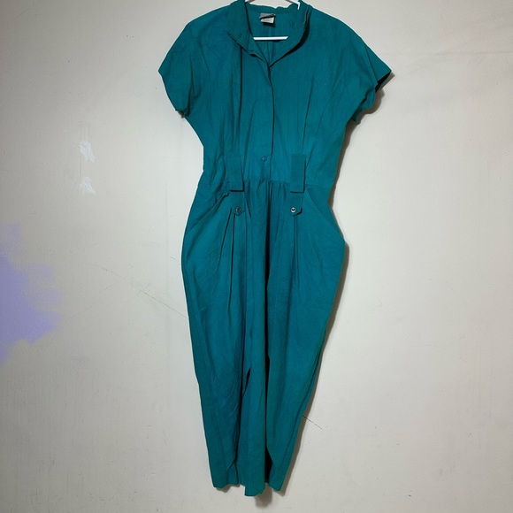 Rabbit Rabbit Rabbit Designs Teal Jumper Style Dress 90s Vintage Made in USA - Picture 2 of 5